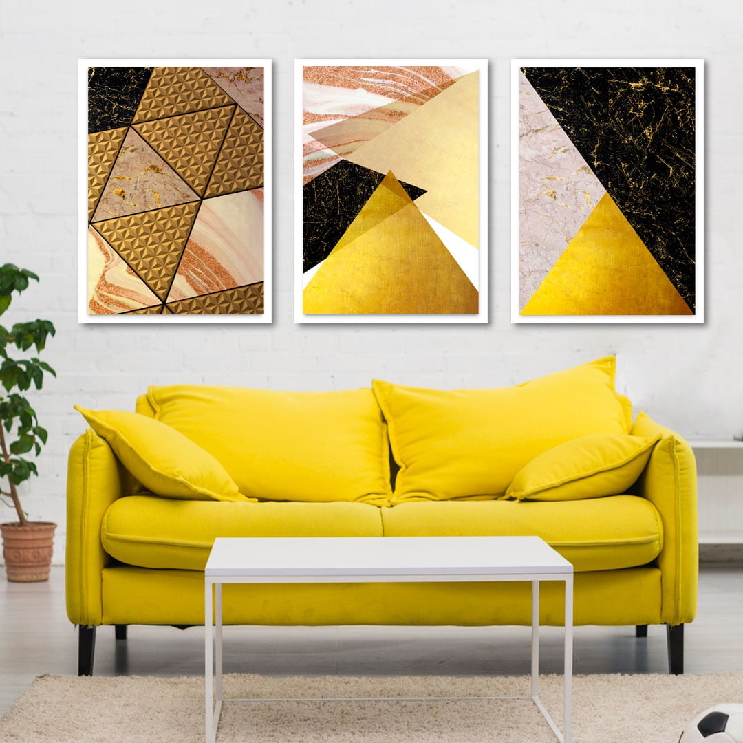 Conjunto de 3 Quadros Decorativos para Sala Triângulos - Tons Pasteis - Geométricos