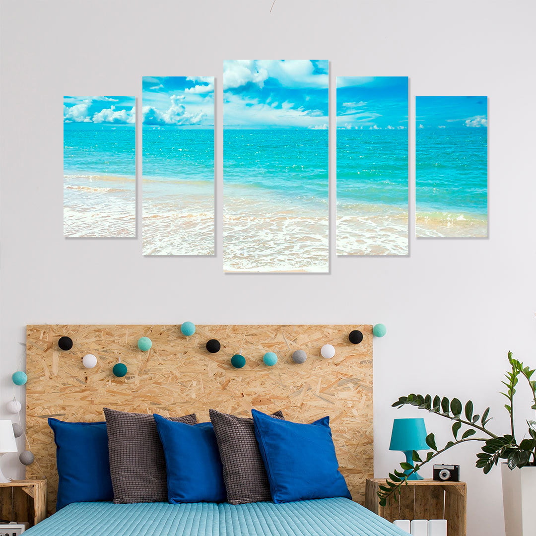 Conjunto de 5 Telas Decorativas Canvas para Quarto Casal Mar Azul - Praias