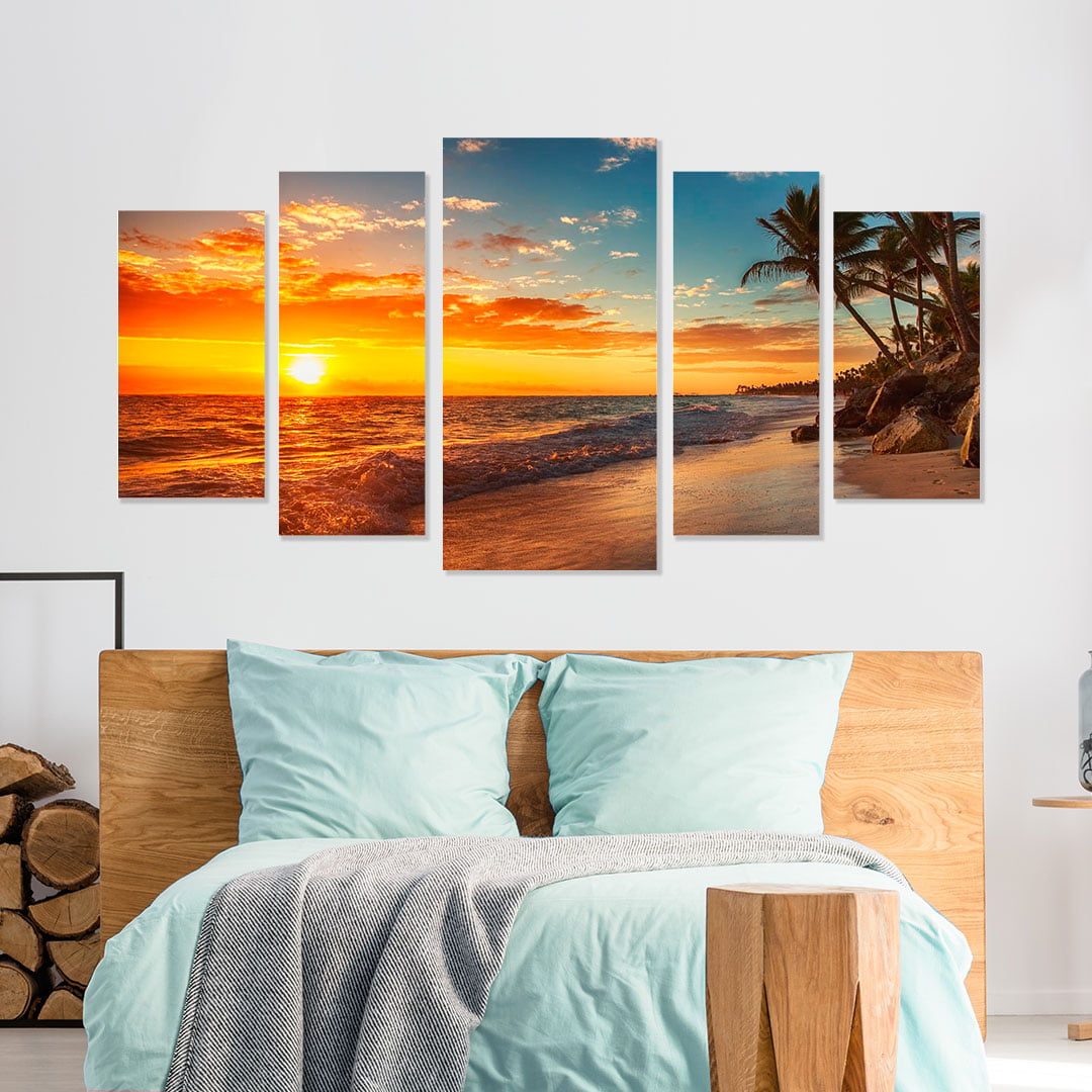 Conjunto de 5 Telas Decorativas Canvas para Quarto Pôr do Sol na Ilha - Praias