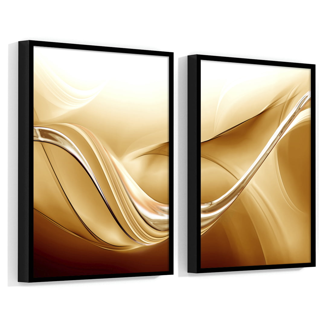 Conjunto de 2 Quadros Decorativos para Sala de Estar Abstrato Ondas Douradas - Linha Prime