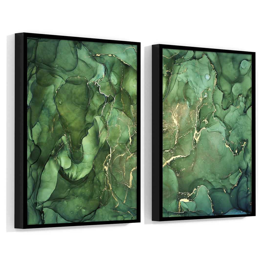Conjunto de 2 Quadros Decorativos para Sala de Estar Abstrato Verde Esmeralda - Linha Prime