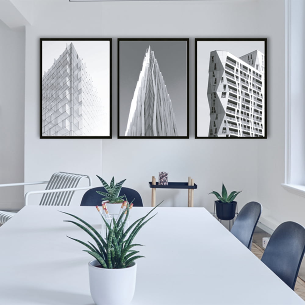 Conjunto de 3 Quadros Decorativos Arquitetura Moderna Corporativa - Preto e Branco
