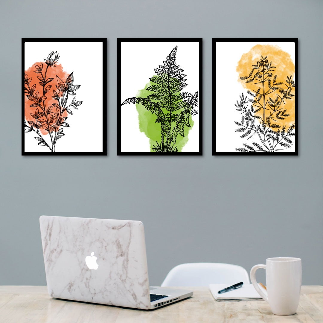 Conjunto de 3 Quadros Decorativos Corporativo Plantas - Laranja, Verde e Amarelo