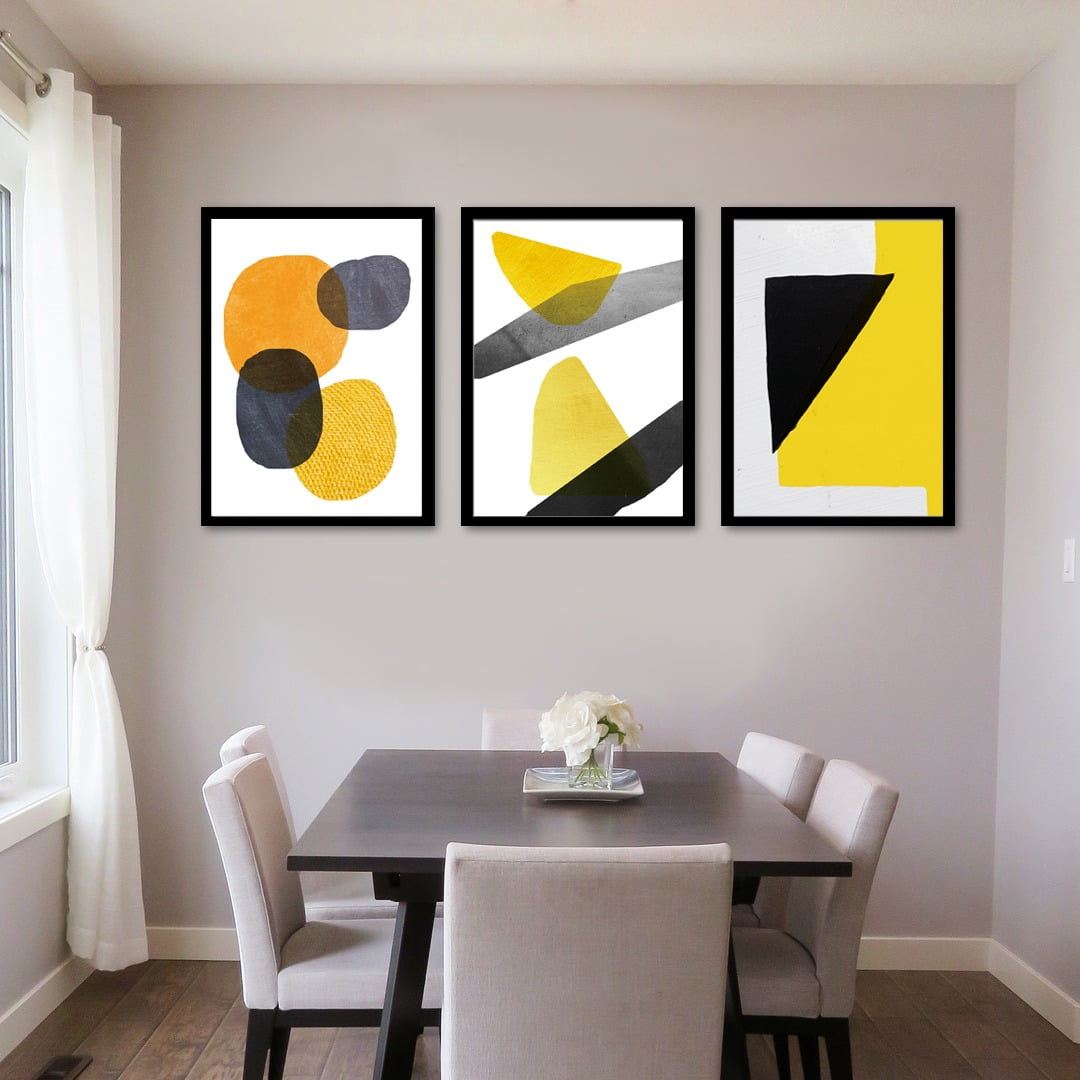 Conjunto de 3 Quadros Decorativos Formas Geométricas - Amarelo - Abstratos