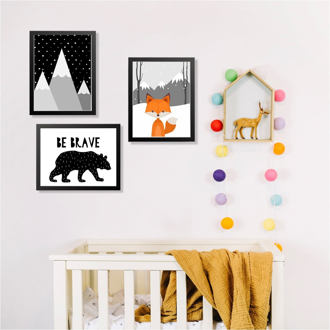 Conjunto de 3 Quadros Decorativos para Quarto Be Brave Urso e Raposa - Infantil
