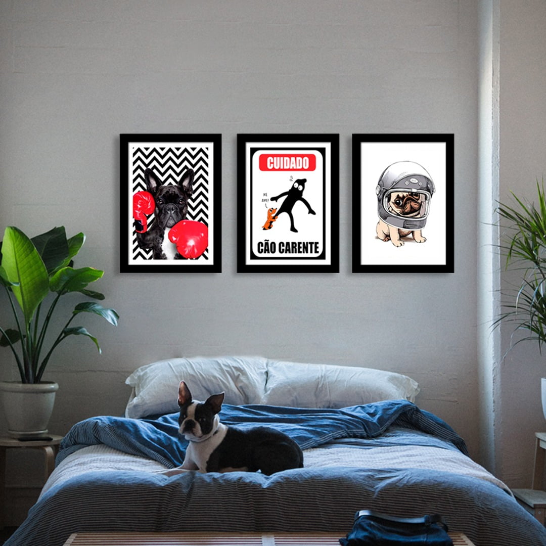 Conjunto de 3 Quadros Decorativos para Quarto Casal Cuidado Cão Carente - Meu Pet