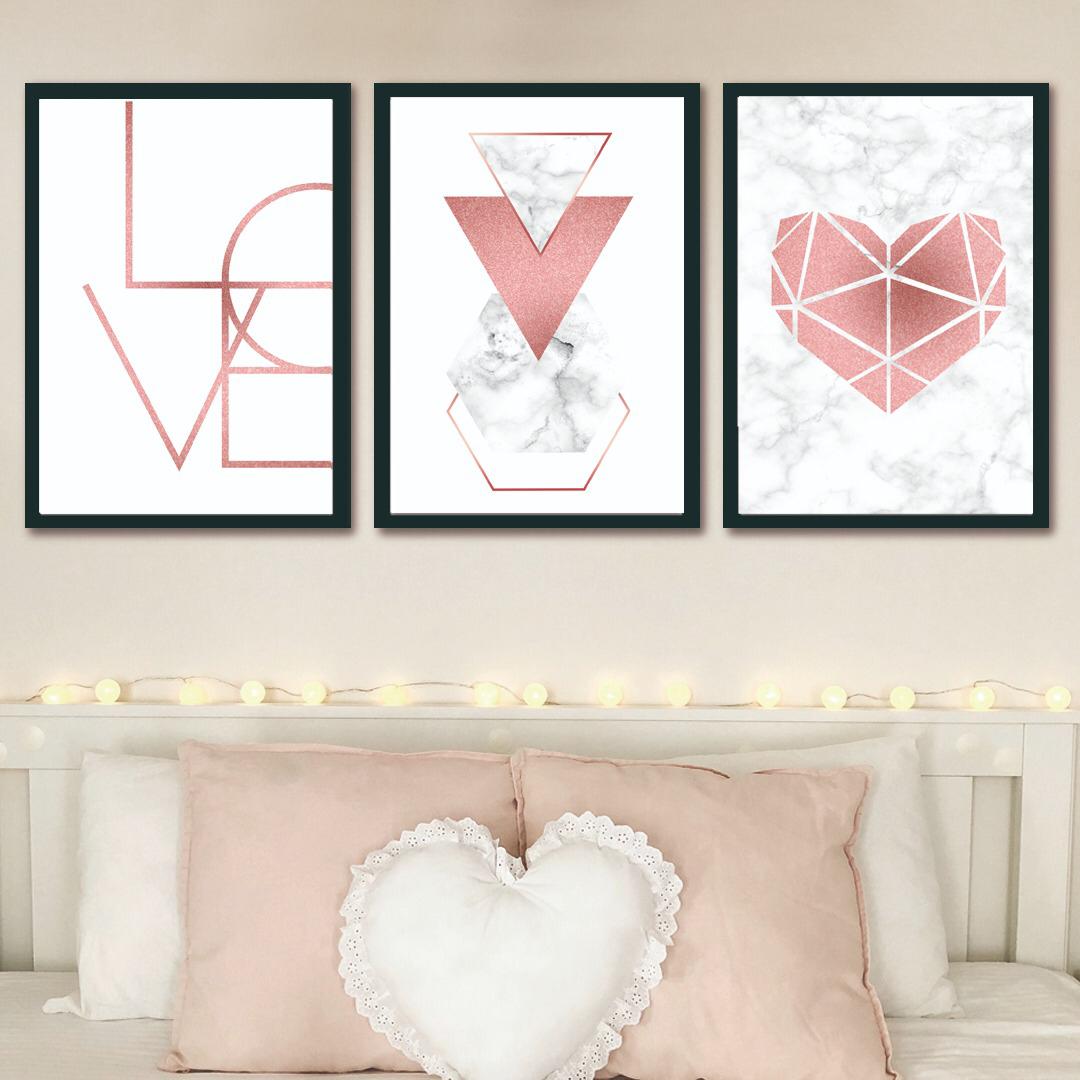 Conjunto de 3 Quadros Decorativos para Quarto Casal Love Rosa - Geométricos