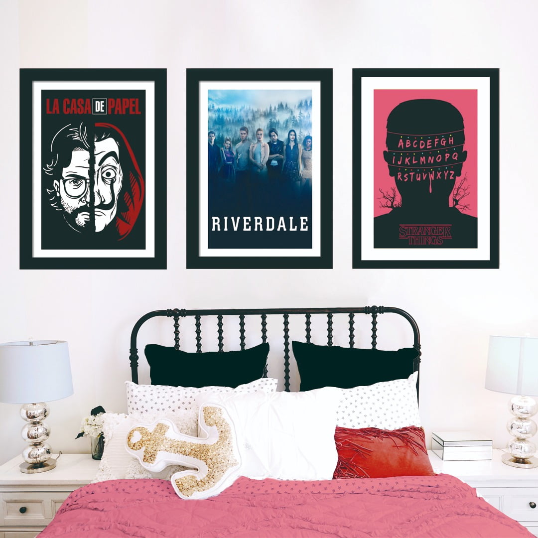 Conjunto de 3 Quadros Decorativos para Quarto Casal Séries La Casa de Papel, Riverdale e Stranger Things - Filmes