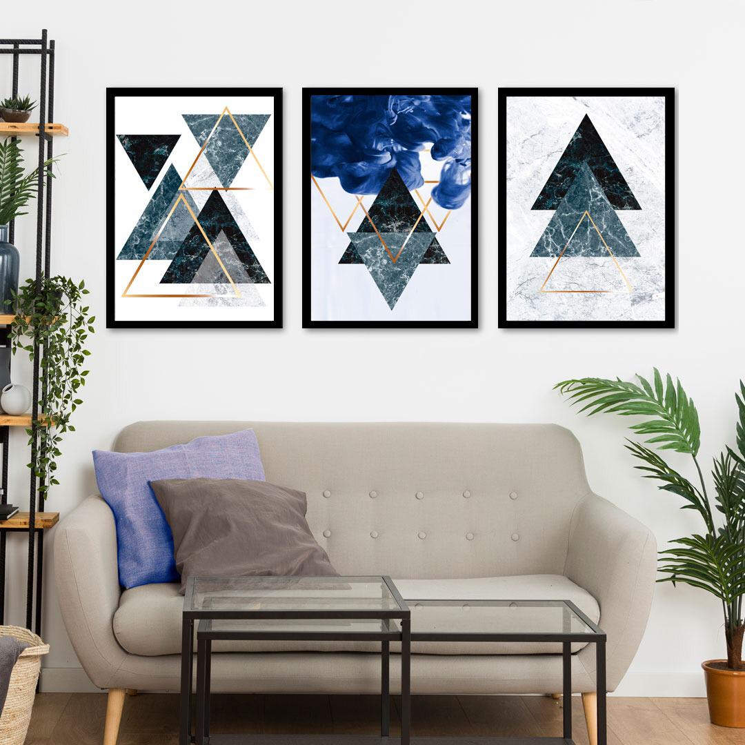 Conjunto de 3 Quadros Decorativos para Quarto Triângulos Geométricos - Azul