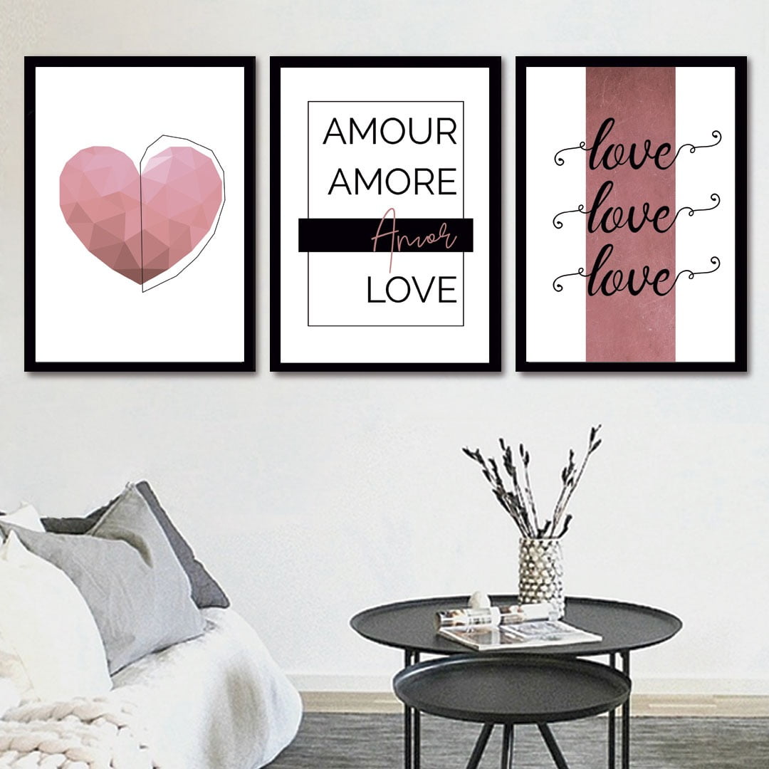 Conjunto de 3 Quadros Decorativos para Sala Amour, Amore, Amor, Love - Namorados