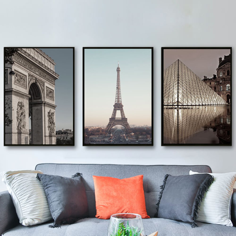Conjunto de 3 Quadros Decorativos para Sala Arco do Triunfo, Torre Eiffel e Louvre - França 