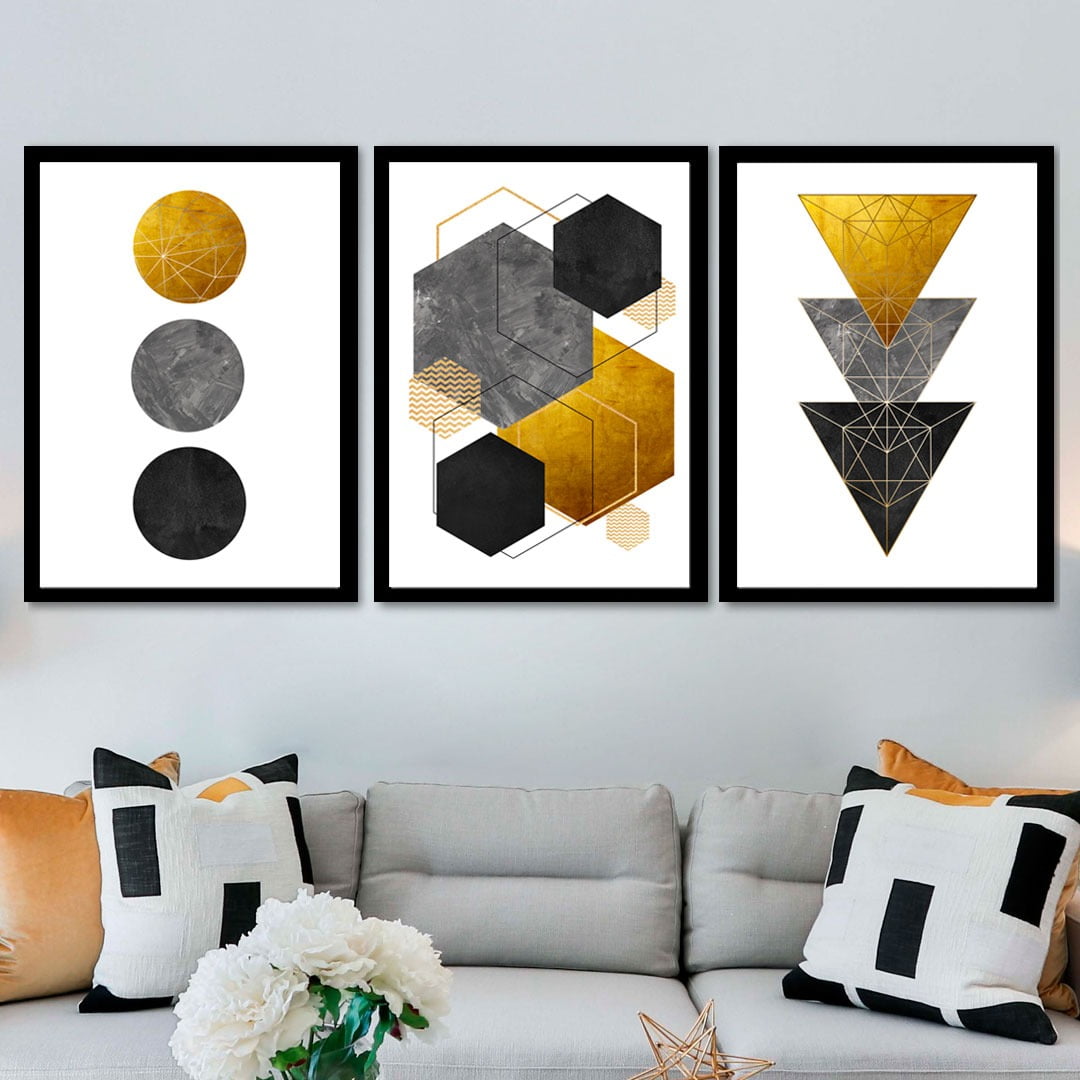Conjunto de 3 Quadros Decorativos para Sala Círculo, Hexágono e Triângulo - Geométricos - Gold Black