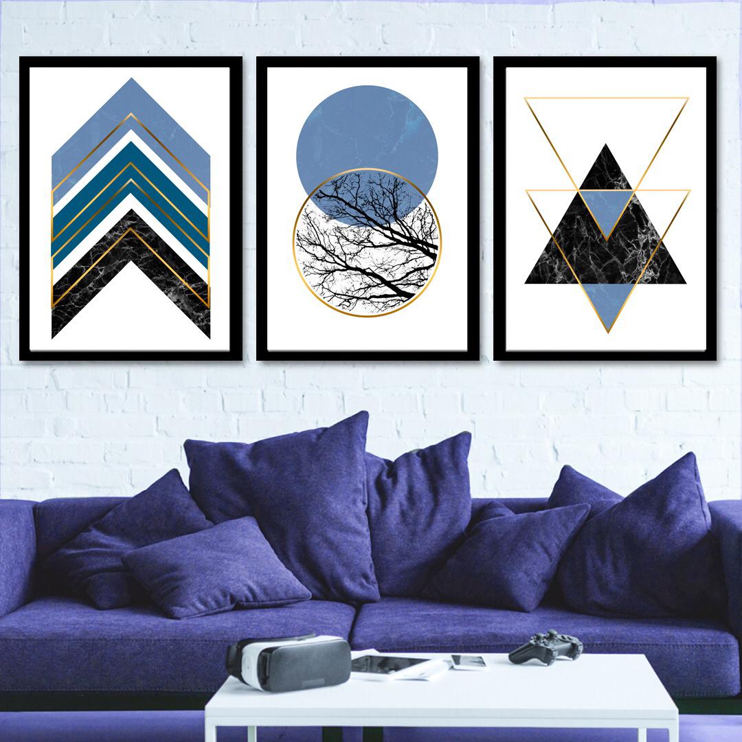 Conjunto de 3 Quadros Decorativos para Sala Círculos e Triângulos Azul - Geométricos