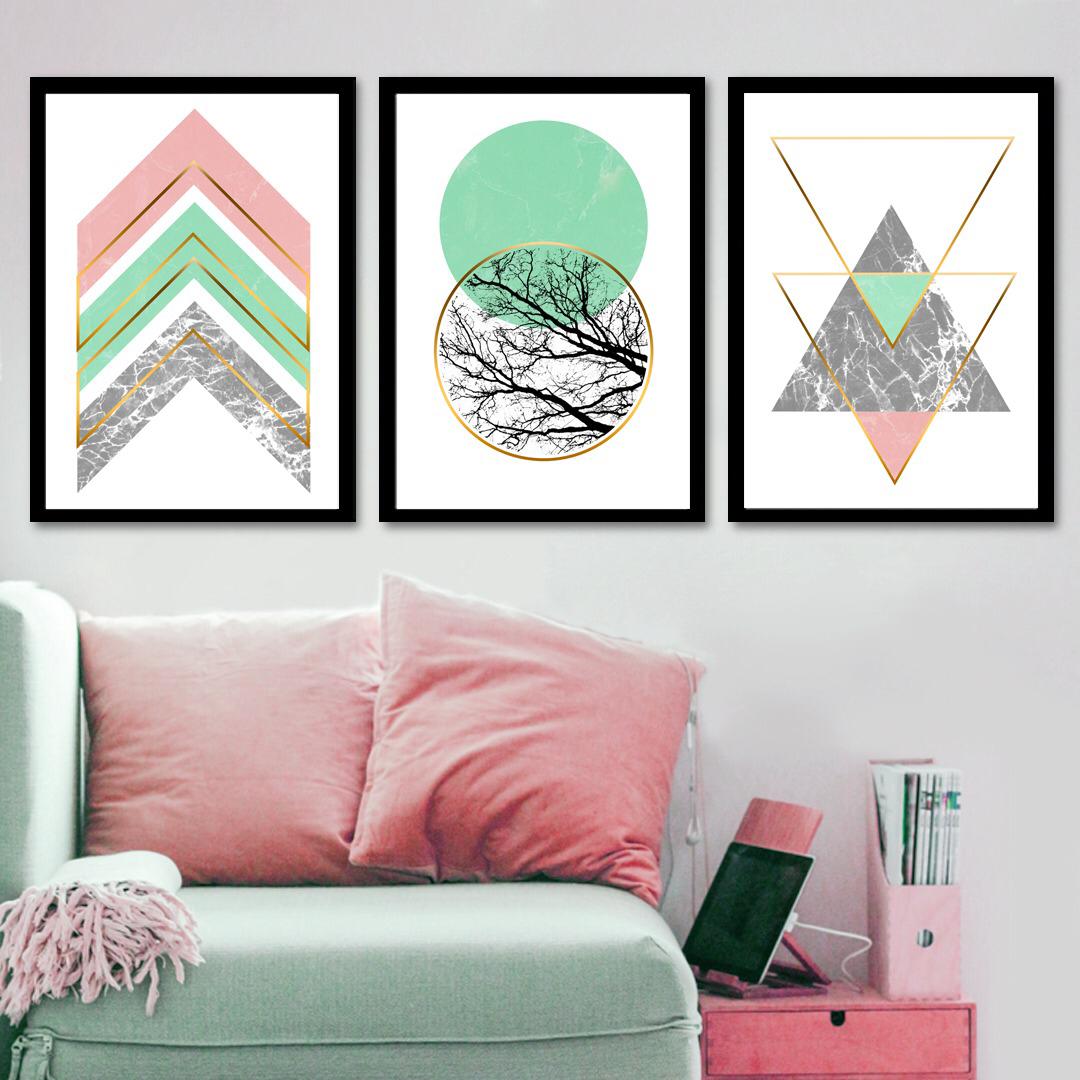 Conjunto de 3 Quadros Decorativos para Sala Círculos e Triângulos Verde e Rosa - Geométricos