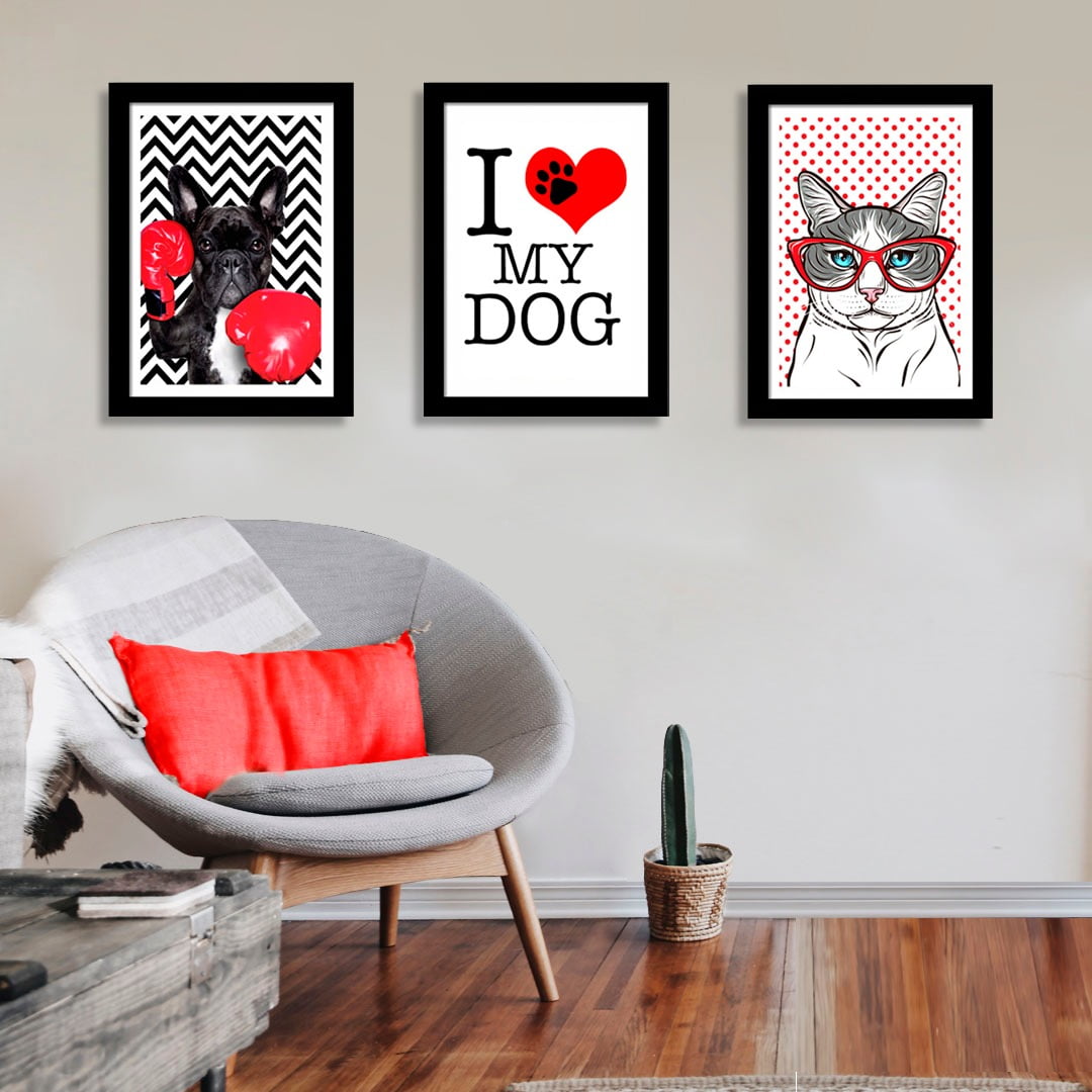 Conjunto de 3 Quadros Decorativos para Sala de Estar I Love My Dog - Meu Pet