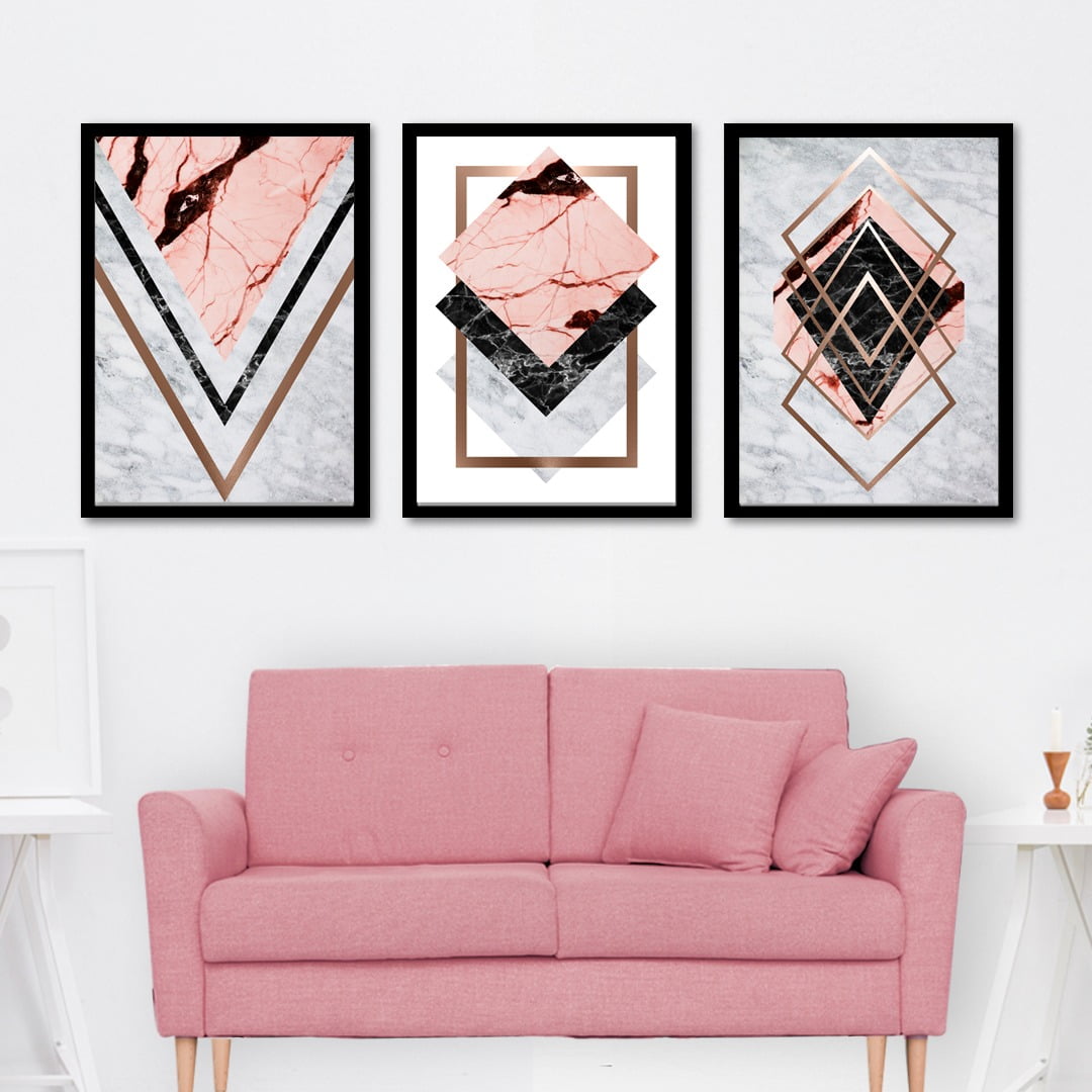 Conjunto de 3 Quadros Decorativos para Sala de Estar Losango Rosa - Geométricos Marmorizado Rosa