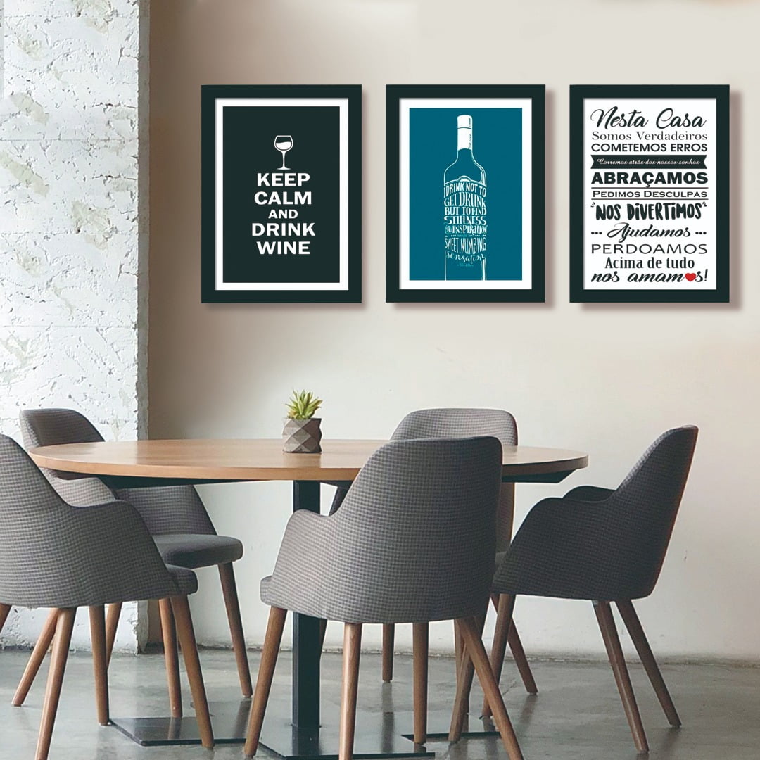 Conjunto de 3 Quadros Decorativos para Sala de Jantar Keep Calm And Drink Wine - Frases