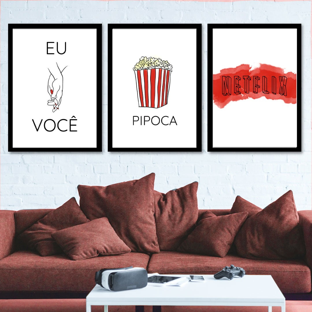 Conjunto de 3 Quadros Decorativos para Sala Eu E Você, Pipoca e Netflix - Namorados