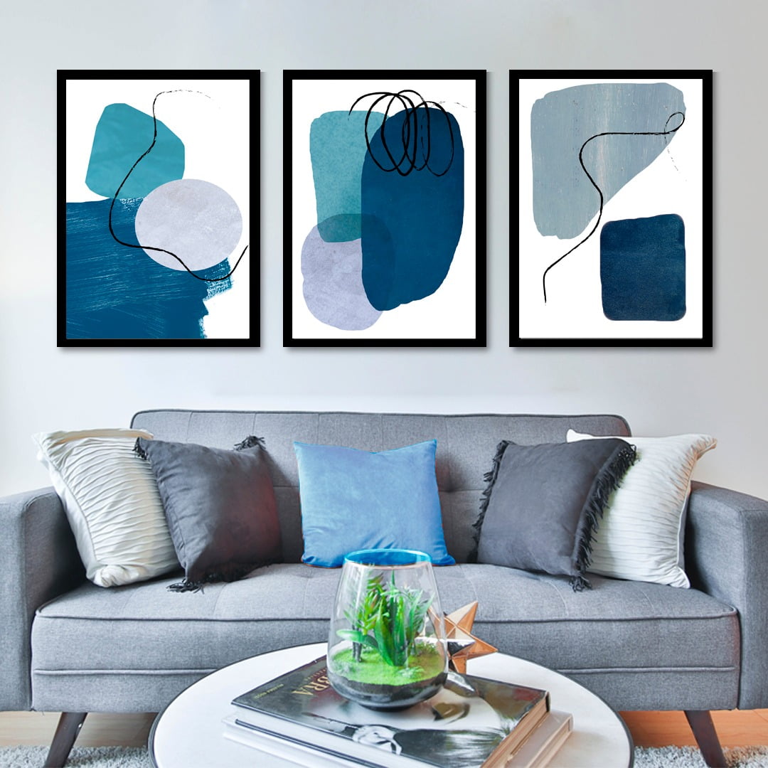 Conjunto de 3 Quadros Decorativos para Sala Formas Geométricas - Azul - Abstratos