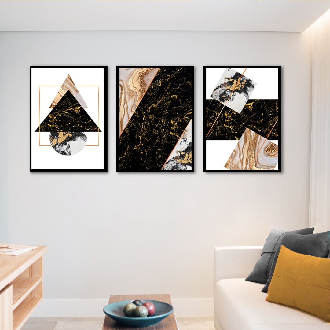 Conjunto de 3 Quadros Decorativos para Sala Formas Geométricas Modernas Black Gold - Geométricos