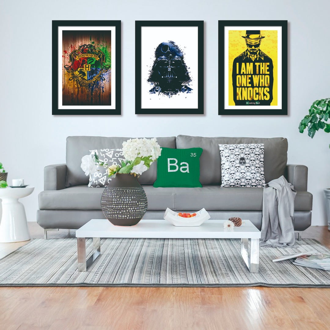 Conjunto de 3 Quadros Decorativos para Sala Hogwarts, Darth Vader e Breaking Bad - Filmes