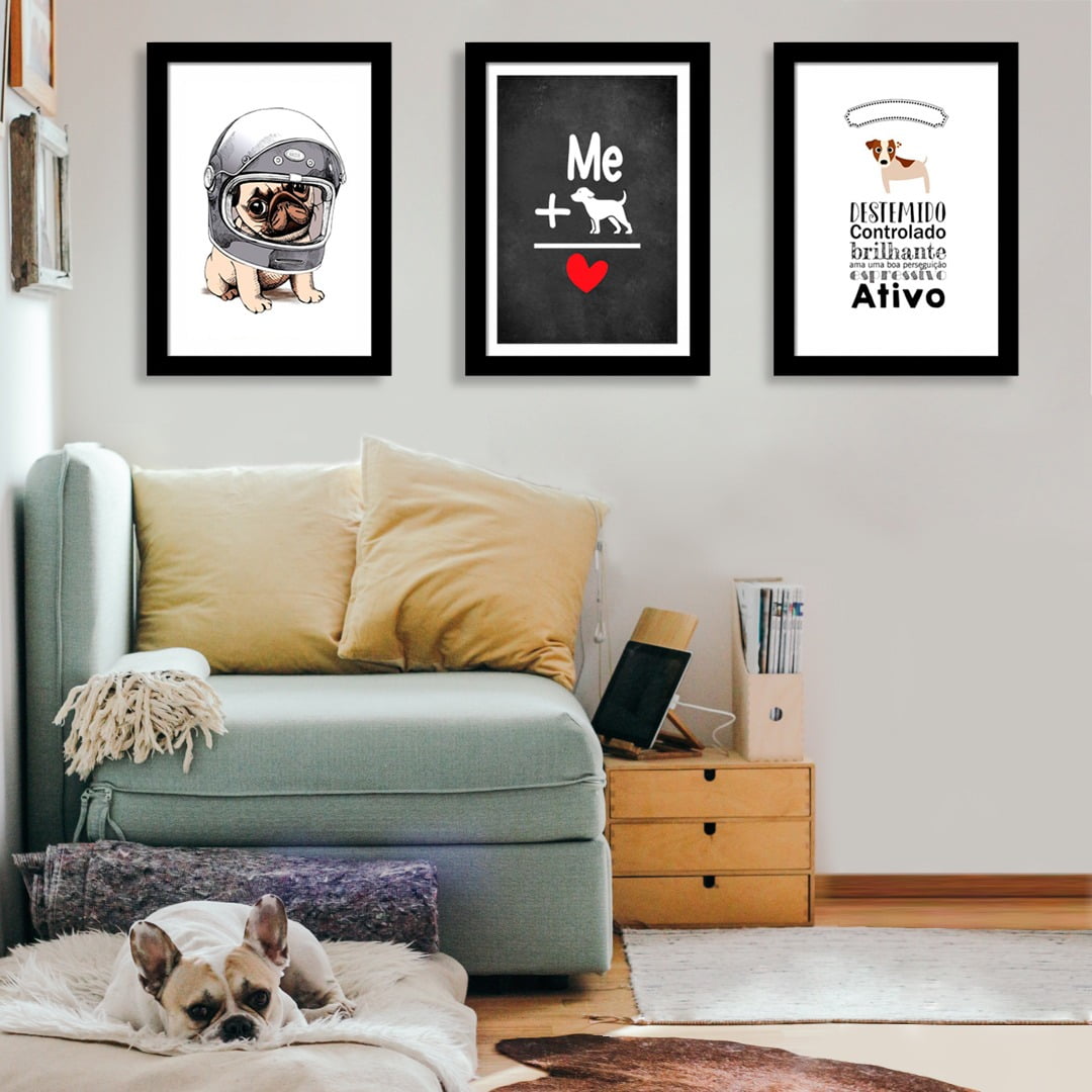 Conjunto de 3 Quadros Decorativos para Sala Me+ Dog É Igual A Amor - Meu Pet
