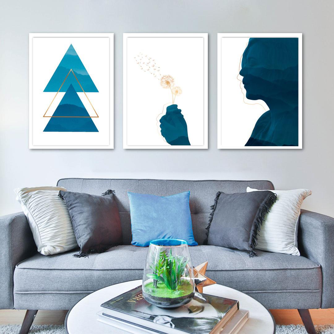Conjunto de 3 Quadros Decorativos para Sala Mulher e Triângulos Geométricos - Azul