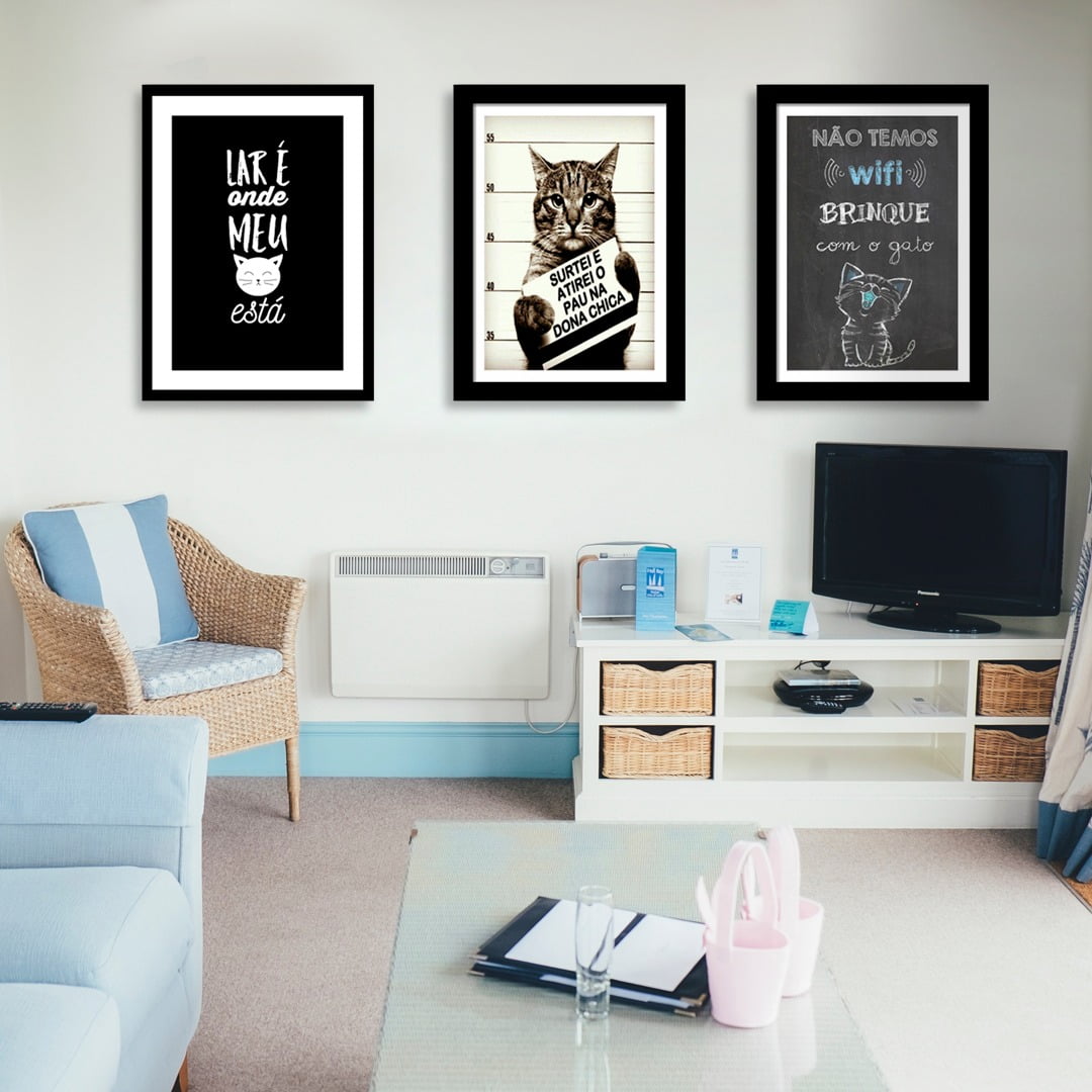 Conjunto de 3 Quadros Decorativos para Sala Não Temos Wi-Fi Brinque Com O Gato - Meu Pet