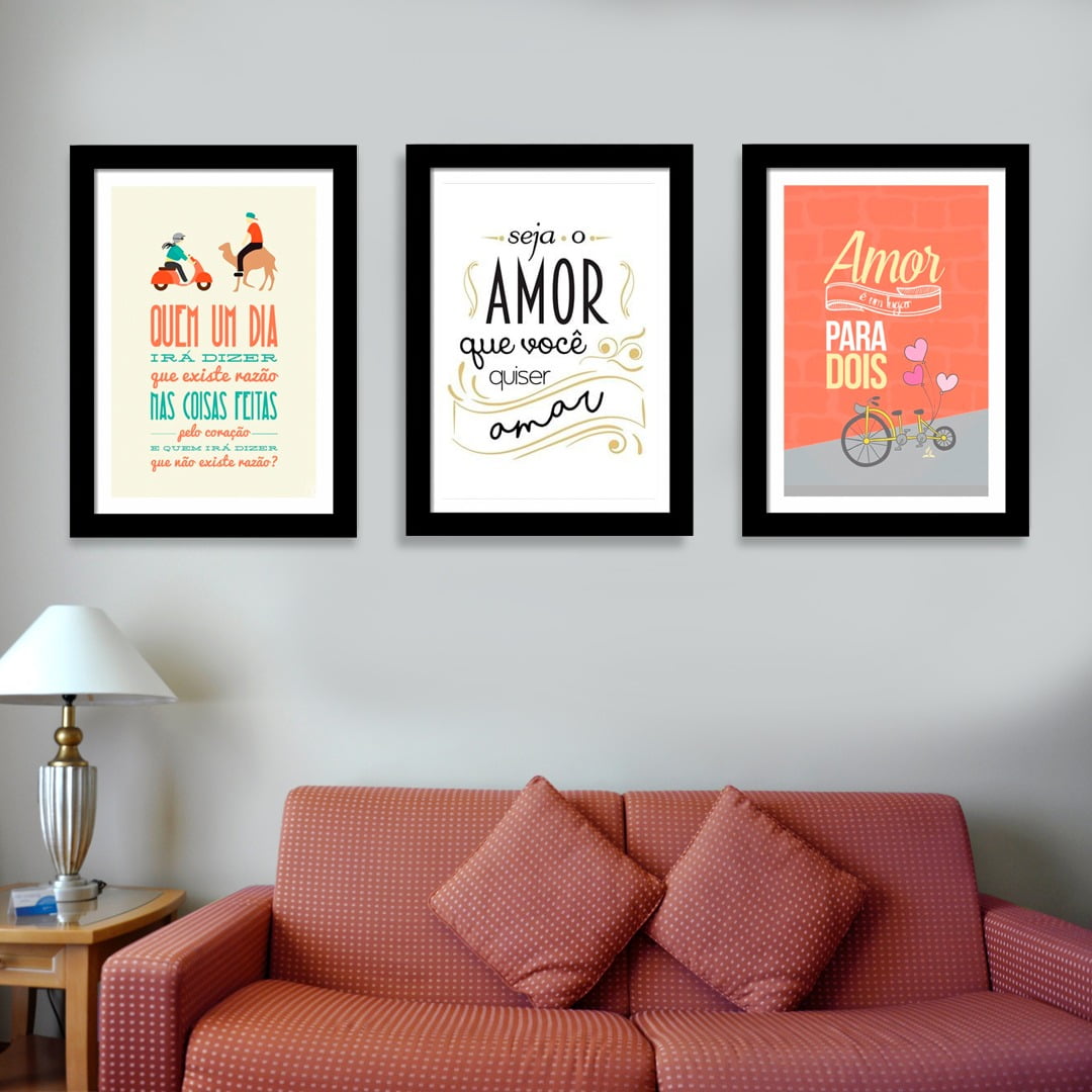 Conjunto de 3 Quadros Decorativos para Sala Seja o Amor que Você Quiser Amar - Frases