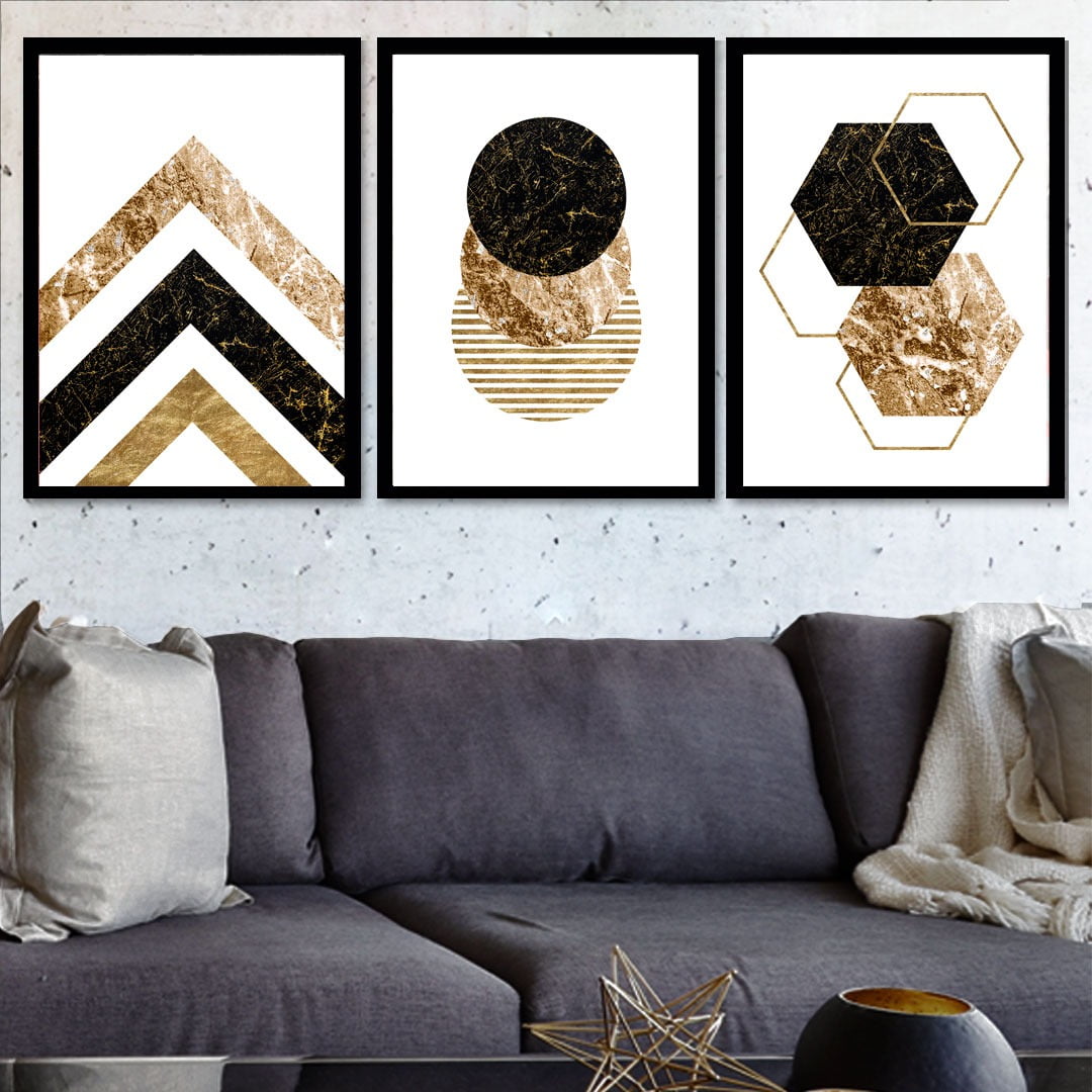 Conjunto de 3 Quadros Decorativos para Sala Triângulos, Círculos e Hexagonos - Black Gold - Geométricos
