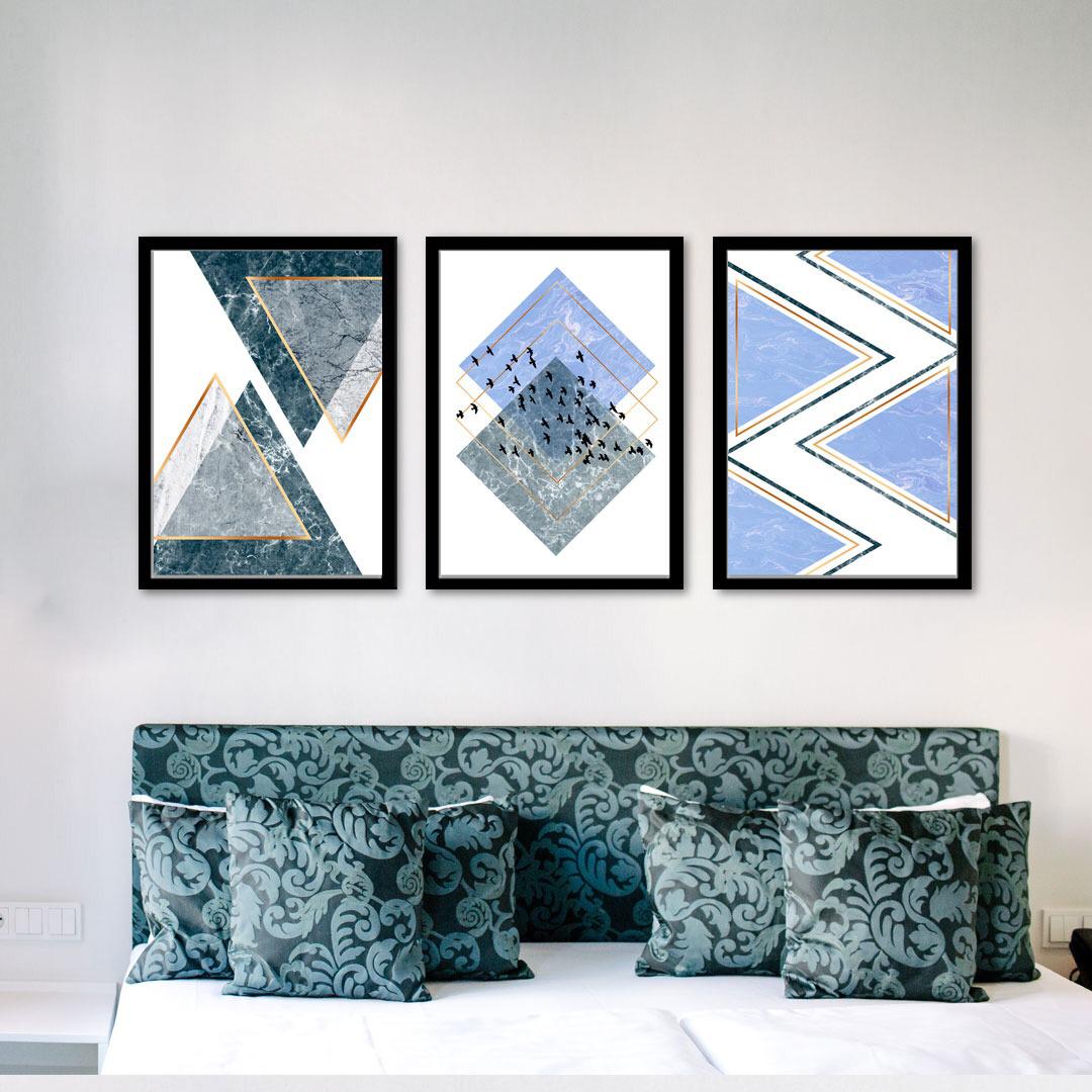 Conjunto de 3 Quadros Decorativos para Sala Triângulos e Losangos Geométricos - Azul
