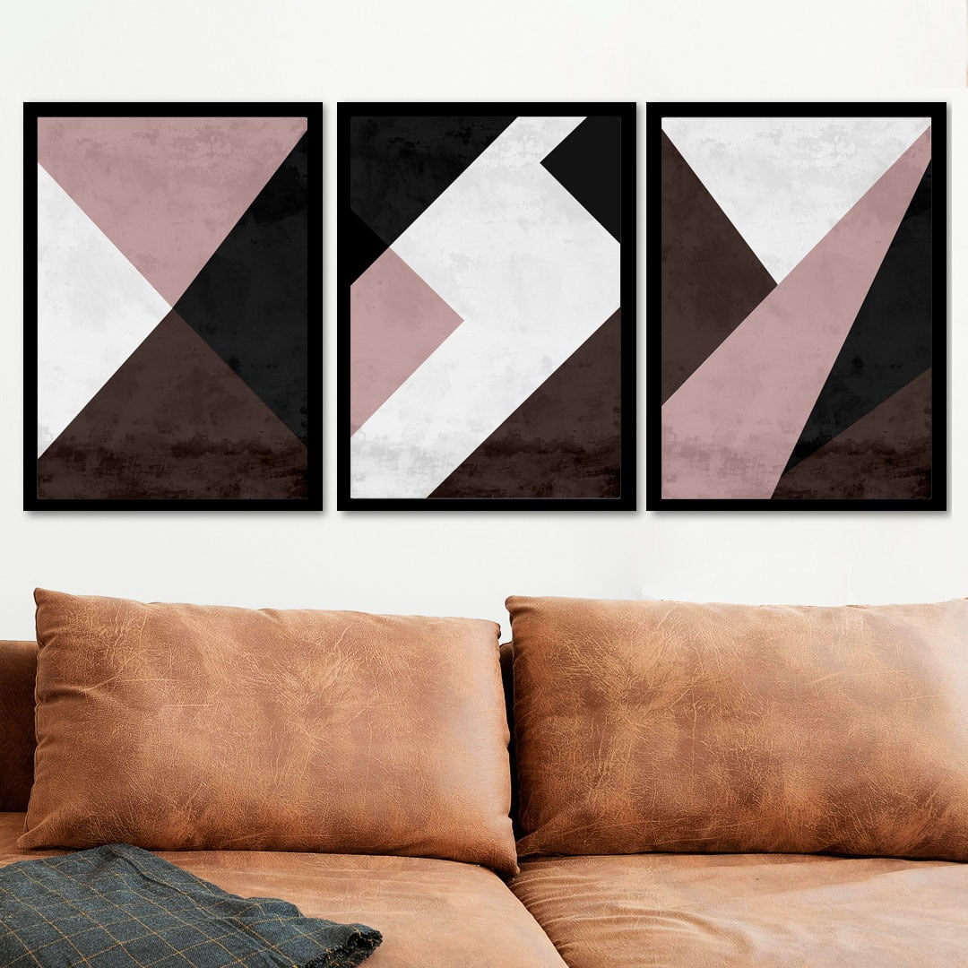 Conjunto de 3 Quadros Decorativos para Sala Triângulos I - Rose e Marrom - Geométricos