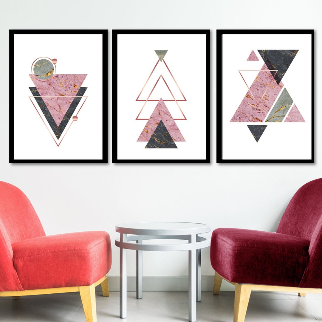 Conjunto de 3 Quadros Decorativos para Sala Triângulos II - Rosê - Geometricos