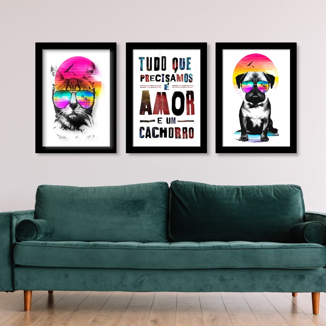 Conjunto de 3 Quadros Decorativos Tudo Que Precisamos É Amor E Um Cachorro - Meu Pet