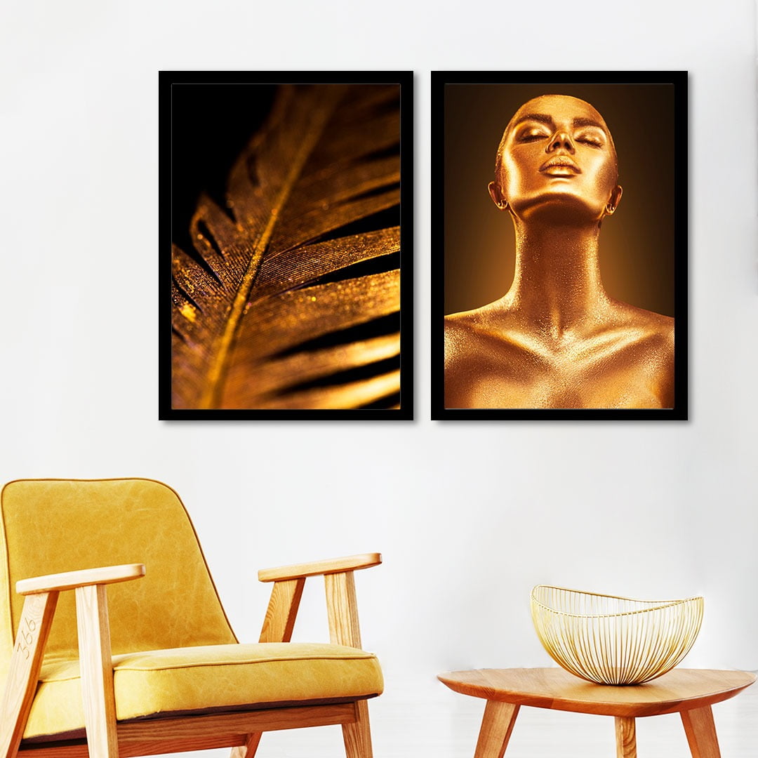 Conjunto de 2 Quadros Decorativos para Sala Black Gold Woman - Linha Black