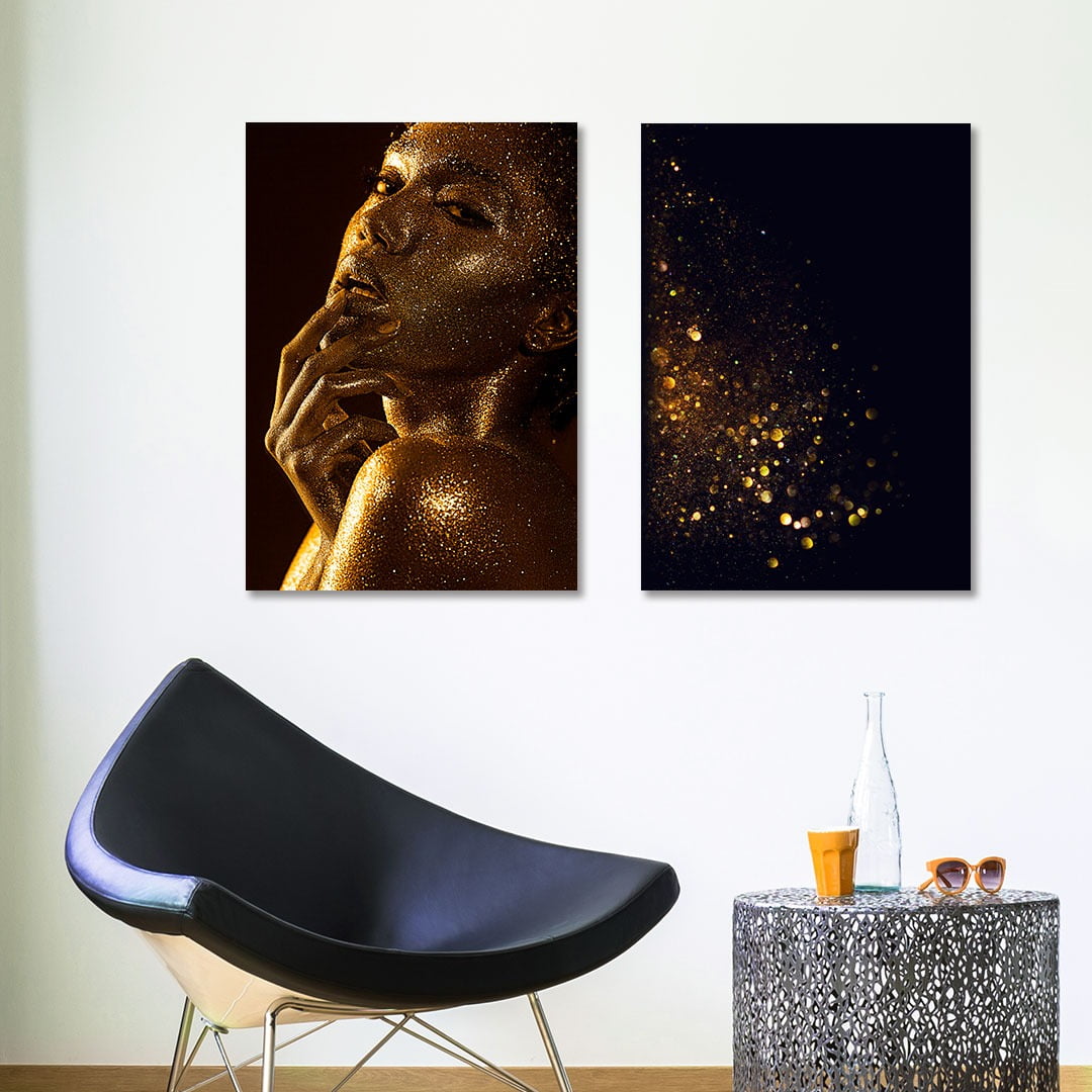 Conjunto de 2 Quadros Decorativos para Sala Black Woman With Gold Skin - Linha Black