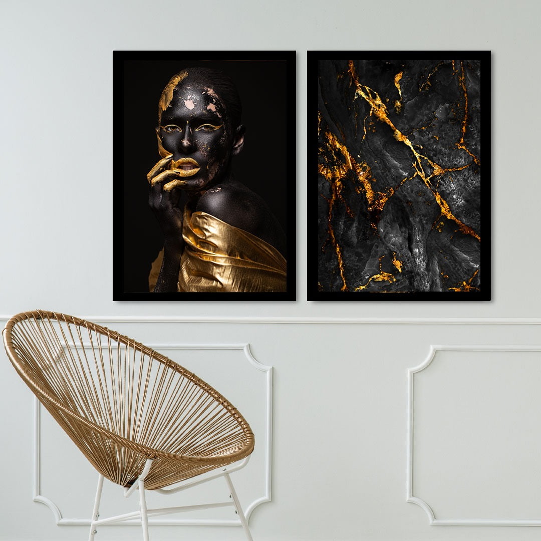 Conjunto de 2 Quadros Decorativos para Sala Gold Woman Of Black - Linha Black