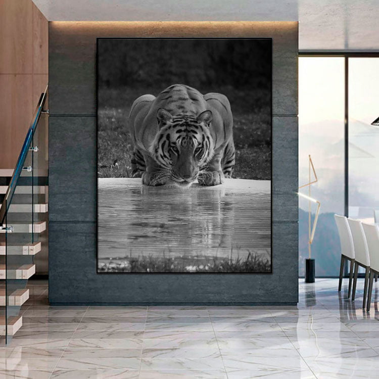 Tela Decorativa para Sala Tigre I Preto e Branco - Mundo Animal