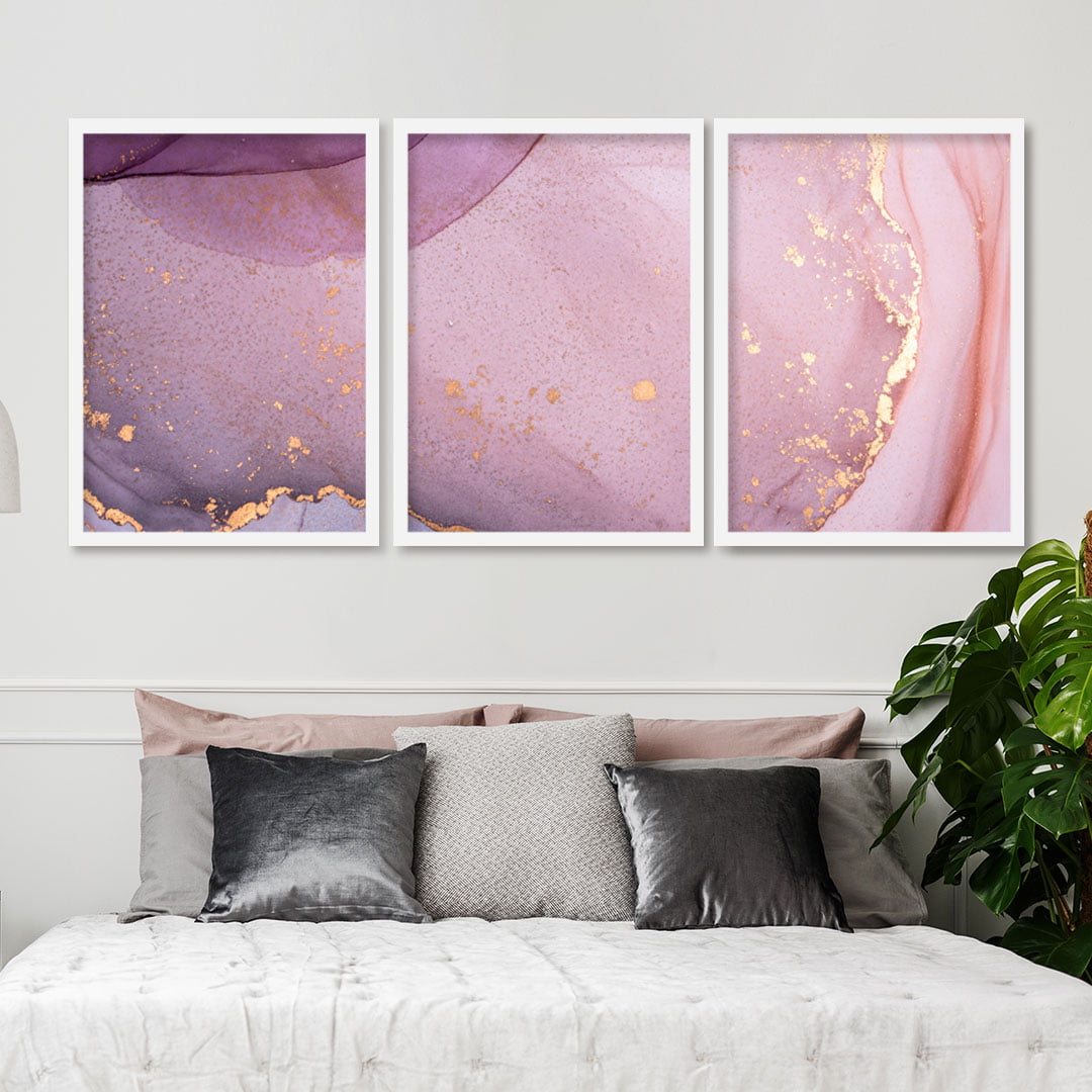 Conjunto De 3 Quadros Decorativos Para Quarto Casal Rosa Chá Rose Gold 