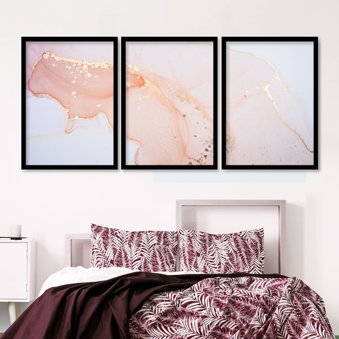 Conjunto de 3 Quadros Decorativos para Quarto Casal Rosa Flamingo - Rose Gold
