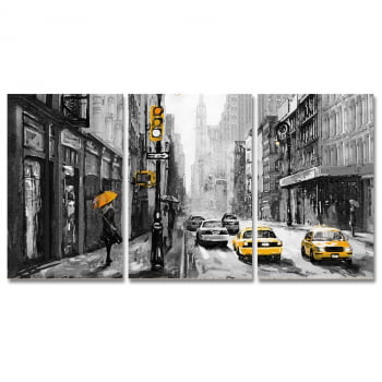 Conjunto de 3 Telas Decorativas em Canvas Corporativo New York Taxi - Preto e Amarelo