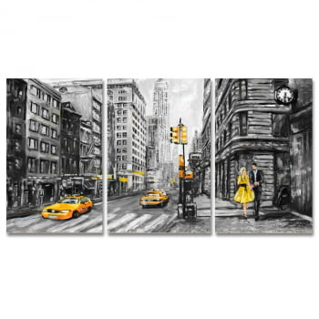 Conjunto de 3 Telas Decorativas em Canvas Corporativo Times Square - Preto e Amarelo