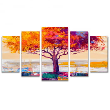 Cojunto de 5 Telas Decorativas em Canvas Árvore - Colors