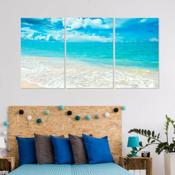 Conjunto de 3 Telas Decorativas Canvas para Quarto Casal Mar Azul - Praias