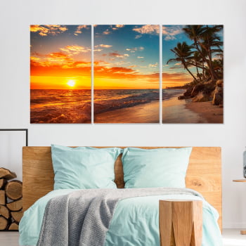 Conjunto de 3 Telas Decorativas Canvas para Quarto Pôr do Sol na Ilha - Praias
