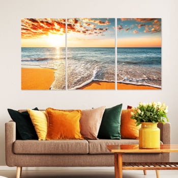 Conjunto de 3 Telas Decorativas Canvas para Sala Mar e Pôr do Sol II - Praias
