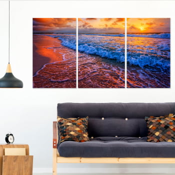 Conjunto de 3 Telas Decorativas Canvas para Sala Mar e Pôr do Sol III - Praias