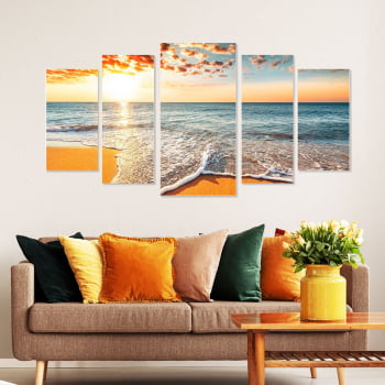 Conjunto de 5 Telas Decorativas Canvas para Sala Mar e Pôr do Sol II - Praias