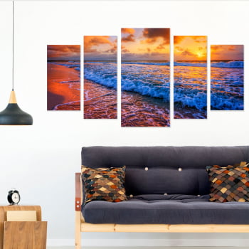 Conjunto de 5 Telas Decorativas Canvas para Sala Mar e Pôr do Sol III - Praias