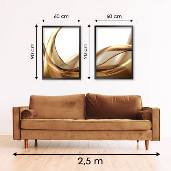 Conjunto de 2 Quadros Decorativos para Sala de Estar Wave Abstrato Dourado - Linha Prime